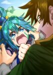  1boy 1girl absurdres angry animal aqua_(konosuba) blue_eyes blue_hair blurry blurry_foreground blush breasts brown_eyes brown_hair cape clothes_grab commentary commentary_request depth_of_field eye_contact fang frog green_cape grey_shirt hair_ornament hair_rings hetero highres izawa_koushi kono_subarashii_sekai_ni_shukufuku_wo! long_hair long_sleeves looking_at_another open_mouth outdoors oversized_animal satou_kazuma shiny shiny_hair shirt short_hair slime_(substance) sweatdrop tearing_up tears upper_teeth 