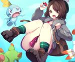  1girl artist_name backpack bag bangs bob_cut boots brown_bag brown_eyes brown_footwear brown_hair buttons cardigan commentary dated ddangbi eyebrows_visible_through_hair gen_8_pokemon gloria_(pokemon) green_headwear green_legwear grey_cardigan hat holding holding_poke_ball holding_strap hooded_cardigan knees knees_together_feet_apart open_mouth plaid plaid_legwear poke_ball poke_ball_(basic) pokemon pokemon_(creature) pokemon_(game) pokemon_swsh short_hair sobble socks starter_pokemon_trio tam_o&#039;_shanter tongue watermark 