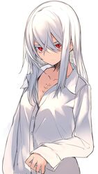  1girl bangs breasts closed_mouth collarbone collared_shirt commentary_request dress_shirt hair_between_eyes highres jewelry long_hair long_sleeves looking_at_viewer original otokuyou red_eyes ringo-chan_(otokuyou) shirt simple_background small_breasts solo upper_body white_background white_hair white_shirt 