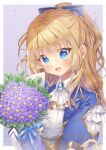  1girl absurdres ascot bangs blonde_hair blue_bow blue_eyes blush bouquet bow breasts english_commentary eyebrows_behind_hair flower hair_behind_ear hair_bow highres holding holding_bouquet juliet_sleeves kimgaby long_hair long_sleeves marica_bellerose mechanical_arms medium_breasts myholo_tv open_mouth ponytail puffy_sleeves purple_flower shiny single_mechanical_arm smile solo textless tied_hair virtual_youtuber white_neckwear 