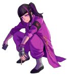  1girl 6maker alternate_costume bandages black_hair cigarette han_juri highres looking_at_viewer muscular muscular_female ponytail purple_hair squiggle street_fighter street_fighter_v violet_eyes 