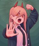  1girl breasts chainsaw_man chuo8008 clenched_hand hair_between_eyes highres horns long_hair looking_at_viewer necktie open_mouth orange_eyes pink_hair power_(chainsaw_man) sharp_teeth solo symbol-shaped_pupils teeth tongue 