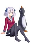  1girl absurdres bird cierra_runis coat eyebrows_visible_through_hair grey_hair hair_ornament hair_ribbon highres jacket looking_at_viewer overidea pantyhose penguin red_coat red_eyes red_jacket ribbon school_uniform short_hair simple_background smile solo tshen1998 twintails virtual_youtuber white_hair 