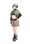  1girl absurdres belt black_belt black_hair boots brown_shorts capelet commentary full_body gardenia_(pokemon) green_capelet green_footwear gym_leader hand_on_hip highres kazuko_(towa) knees looking_at_viewer midriff multicolored_hair navel orange_eyes orange_hair parted_lips pokemon pokemon_(game) pokemon_dppt short_hair shorts simple_background smile solo standing two-tone_hair undershirt white_background 