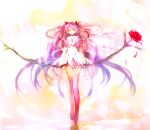  1girl absurdly_long_hair alternate_costume arms_at_sides bow_(weapon) capelet dress flower goddess_madoka gradient gradient_background hair_ribbon half-closed_eyes holding holding_bow_(weapon) holding_weapon kaname_madoka legs_together lens_flare light_smile long_hair long_sleeves looking_at_viewer mahou_shoujo_madoka_magica neck_ribbon oka_(umanihiki) orange_background orange_theme parted_lips pink_capelet pink_flower pink_hair pink_legwear pink_rose pink_theme red_ribbon reflection ribbon rose short_dress simple_background solo thigh-highs transparent_wings two_side_up very_long_hair weapon white_background white_dress white_ribbon winged_footwear wings yellow_eyes zettai_ryouiki 