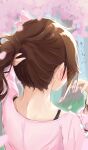  1girl blush breasts brown_hair from_behind hair_ornament highres hololive itoyoshi_tsumugi long_hair nape open_mouth ponytail solo tokino_sora virtual_youtuber 