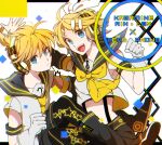  1boy 1girl bangs black_legwear black_shorts blonde_hair blue_eyes boots bow crop_top detached_sleeves eiku eyebrows_visible_through_hair gloves hair_ornament hair_ribbon hairclip hatsune_miku headphones kagamine_len kagamine_rin looking_at_viewer neckerchief necktie open_mouth ribbon sailor_collar shirt short_hair short_ponytail short_sleeves shorts siblings sleeveless sleeveless_shirt smile twins vocaloid white_gloves white_shirt yellow_neckwear 