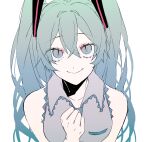  1girl bangs bare_shoulders blue_eyes blue_hair clenched_hand closed_mouth collarbone collared_shirt eiku eyebrows_visible_through_hair eyes_visible_through_hair grey_shirt hair_between_eyes hair_ornament hand_up hatsune_miku long_hair looking_at_viewer shirt sleeveless sleeveless_shirt slit_pupils smile solo twintails upper_body vocaloid white_background 