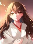  1girl akagi_(kancolle) bangs brown_eyes brown_hair hair_between_eyes hand_on_own_chest highres japanese_clothes kantai_collection kimono kozu_(bloomme1_me) long_hair looking_at_viewer simple_background smile solo upper_body white_kimono 
