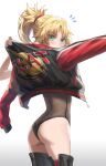  1girl bangs braid breasts fate/apocrypha fate/grand_order fate_(series) french_braid green_eyes hair_ornament hair_scrunchie highres long_hair long_sleeves looking_at_viewer mordred_(fate) mordred_(fate/apocrypha) ponytail scrunchie solo tonee 