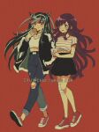  1990s_(style) 2girls alternate_costume bandaged_leg bandages bandaid bandaid_on_cheek bangs black_hair black_jacket black_skirt blush casual criis-chan crop_top cup dangan_ronpa_(series) dangan_ronpa_2:_goodbye_despair denim disposable_cup eating food food_on_face hair_horns hamburger holding horizontal_stripes jacket jeans long_hair midriff mioda_ibuki multicolored_hair multiple_girls open_clothes open_jacket pants piercing pink_eyes pink_hair red_footwear retro_artstyle shirt shoes short_hair skirt sneakers striped striped_shirt symbol_commentary torn_clothes torn_pants tsumiki_mikan two-tone_jacket white_hair white_jacket white_shirt 