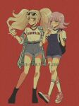  2girls alternate_costume backpack bag bangs belt black_bag black_belt black_choker black_footwear blonde_hair blue_eyes blush choker collarbone contrapposto criis-chan cup dangan_ronpa:_trigger_happy_havoc dangan_ronpa_(series) dangan_ronpa_2:_goodbye_despair disposable_cup drinking drinking_straw enoshima_junko eyebrows_visible_through_hair eyewear_on_head flipped_hair food full_body grey_jacket grin hair_ornament hairclip hand_in_pocket holding jacket kneehighs long_hair medium_hair multiple_girls nanami_chiaki overall_shorts pink_hair red_background shirt shirt_tucked_in shoes short_hair short_sleeves shorts sleeves_past_elbows smile sneakers sunglasses symbol_commentary t-shirt tumblr_username twintails walking white_shirt 