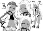  1girl :3 ^_^ belt blush blush_stickers character_sheet choker closed_eyes dark_skin dark-skinned_female flat_chest forehead greyscale grin hands_in_pockets hat jacket long_hair looking_at_viewer midriff monochrome navel nujima original sharp_teeth shorts simple_background smile sweatdrop teeth thigh-highs very_long_hair white_background 