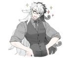 1boy :d androgynous ashiya_douman_(fate) asymmetrical_hair bishounen black_eyes black_hair black_neckwear black_vest blush cczyjs collared_shirt curly_hair earrings fate/grand_order fate_(series) formal glasses hair_between_eyes hair_intakes hands_on_hips head_tilt jewelry long_hair magatama magatama_earrings male_focus multicolored_hair necktie official_alternate_costume open_mouth parted_lips shirt sleeves_rolled_up smile solo sparkle suit toned toned_male two-tone_hair upper_body very_long_hair vest white_hair 