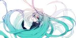  1girl aqua_hair bangs black_neckwear black_shirt blue_eyes collared_shirt commentary duplicate eiku eyebrows_visible_through_hair floating_hair from_side gradient gradient_background hair_between_eyes hatsune_miku long_hair looking_at_viewer looking_to_the_side necktie shirt solo twintails upper_body very_long_hair vocaloid white_background 