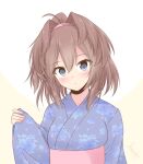  1girl alternate_costume blue_eyes blue_kimono brown_hair commentary_request floral_print icesherbet japanese_clothes kantai_collection kimono long_hair looking_at_viewer messy_hair obi sash sheffield_(kancolle) solo two-tone_background upper_body yukata 