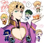  6+boys ? absurdres battle_tendency black_coat black_hair black_headwear black_pants blonde_hair bruno_buccellati caesar_anthonio_zeppeli chibi closed_mouth coat crossed_arms diamond_wa_kudakenai dio_brando ghiaccio giorno_giovanna glasses green_eyes green_hair green_shirt grey_eyes hand_up hat heart highres jacket jojo_no_kimyou_na_bouken kira_yoshikage kishibe_rohan kujo_jotaro long_sleeves looking_at_viewer male_focus melone miniboy mouth_hold multiple_boys narancia_ghirga open_clothes open_coat pannacotta_fugo pants peaked_cap pink_jacket purple_jacket purple_pants shirt signature simple_background sofra spoken_question_mark spoon stardust_crusaders translation_request twitter_username utensil_in_mouth v-shaped_eyebrows vento_aureo white_background white_jacket white_pants 