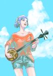  1girl absurdres earrings highres instrument jewelry music open_mouth original outdoors playing_instrument purple_hair shamisen short_hair short_ponytail short_shorts shorts sky solo standing tamiz_illy 