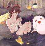  1girl bare_arms bare_shoulders black_nails brown_hair commentary_request genshin_impact hair_bun hairband highres hitodama hu_tao kaminarichyan knees_up long_hair nail_polish naked_towel onsen partially_submerged solo towel water 