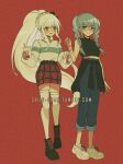  2girls alternate_costume arm_at_side bangs bare_shoulders belt black_bow black_footwear black_skirt blonde_hair blush boots bow braid casual clothes_around_waist criis-chan cup dangan_ronpa_(series) dangan_ronpa_2:_goodbye_despair denim disposable_cup drinking_straw eyebrows_visible_through_hair glasses grey_hair grey_sweater hair_bow hand_up holding holding_cup jacket jacket_around_waist jeans long_hair looking_at_another multiple_girls pants pekoyama_peko pencil_skirt plaid plaid_skirt ponytail red_background red_skirt rimless_eyewear shiny shiny_hair shoes skirt smile sneakers sonia_nevermind sweater symbol_commentary thigh-highs tumblr_username turtleneck two-tone_skirt two-tone_sweater very_long_hair white_footwear zettai_ryouiki 