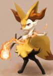  1girl animal_ear_fluff animal_ears animal_nose artist_name black_fur blush body_fur braixen brown_background closed_mouth commentary english_commentary fang fang_out fire flat_chest fox_ears fox_girl fox_tail full_body gen_6_pokemon hand_up happy highres holding holding_stick ikei light_blush looking_at_viewer mixed-language_commentary paws pokemon pokemon_(creature) pyrokinesis red_eyes signature simple_background skin_fang smile snout solo standing stick tail white_fur yellow_fur 