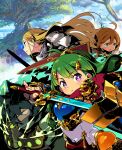  1boy 3girls absurdres ahoge alchemist_(sekaiju) armor aura blonde_hair blue_eyes bright_pupils cape commentary_request fingerless_gloves gauntlets gloves gold_trim green_eyes green_hair hair_ornament hairclip hero_(sekaiju) highres himukai_yuuji holding holding_shield holding_sword holding_weapon long_hair medic_(sekaiju) multiple_girls official_art orange_hair paladin_(sekaiju) pauldrons profile red_cape scarf scarf_over_mouth sekaiju_no_meikyuu sekaiju_no_meikyuu_x shield short_hair shoulder_armor sky sword tree violet_eyes weapon 