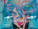  1girl 2020 :p aqua_background aqua_eyes bags_under_eyes bandaid bandaid_on_face bandaid_on_nose black_jacket blue_eyes blue_hair blue_nails blue_theme character_name close-up colorful commentary_request dated earphones earphones face facepaint fingernails furrowed_eyebrows gem hair_between_eyes hair_ornament hair_ribbon hairclip hairpin half-closed_eye hand_on_own_chin hand_on_own_face hand_up hatsune_miku heart heart-shaped_pupils heart_hair_ornament heterochromia high_collar jacket jewelry light_particles long_hair looking_at_viewer number open_mouth piercing pink_ribbon polka_dot rainbow_hair_ornament ribbon ring shaded_face sharp_teeth shiny shiny_hair sidelocks simple_background solo star_(symbol) star_hair_ornament star_print symbol-shaped_pupils teeth temu_(tem27) tongue tongue_out tongue_piercing track_jacket tsurime twintails upper_body vocaloid 