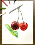  branch cherry colored_pencil_(medium) crystal erumo_0384 food fruit garnet_(gemstone) highres leaf no_humans original photo_(medium) plant simple_background traditional_media white_background 