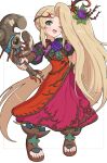  1girl blonde_hair blush dress flat_chest flower gonzarez hair_flower hair_ornament highres kid_icarus kid_icarus_uprising long_hair looking_at_viewer nachure ponytail side_ponytail smile solo staff very_long_hair wings 