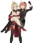  2girls ^_^ ahoge arm_around_shoulder arm_up black_gloves black_scrunchie blonde_hair blood blood_from_mouth blood_on_face boots braid breasts carrying chaldea_combat_uniform chaldea_logo clenched_hand closed_eyes fate/grand_order fate_(series) french_braid fujimaru_ritsuka_(female) gloves green_eyes grey_skirt highres injury knee_boots looking_at_viewer mordred_(fate) mordred_(fate)_(all) multiple_girls no_panties orange_hair pelvic_curtain pleated_skirt ponytail pouch princess_carry rasuku red_scarf scarf scraped_knee scrunchie side_ponytail skirt small_breasts smile thigh-highs thighs white_background 