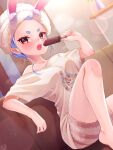  1girl :o animal_ear_fluff animal_ears bare_legs barefoot blue_hair blush bunny-shaped_pupils collarbone commentary_request couch dutch_angle eating food forehead highres holding holding_food hololive indoors knee_up lens_flare looking_at_viewer magowasabi off_shoulder on_couch open_mouth popsicle print_shirt rabbit_ears red_eyes shirt short_eyebrows short_sleeves shorts signature single_bare_shoulder solo striped striped_shorts thick_eyebrows towel towel_on_head usada_pekora virtual_youtuber yellow_shirt 