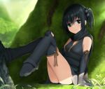  1girl ass bangs bare_shoulders beads black_eyes black_gloves black_hair black_neckwear black_scarf black_scrunchie blurry blurry_background breasts brown_ribbon crossed_legs depth_of_field elbow_gauntlets elbow_gloves expressionless flower full_body gloves grass hair_between_eyes hand_on_own_knee highres kuchinawa_(skyks) looking_back loose_socks moss ninja original perky_breasts relaxing ribbon scarf scrunchie short_hair side_ponytail sidelocks sitting sitting_on_ground sleevelesss small_breasts solo tabi thighs tree_trunk v-neck white_flower 