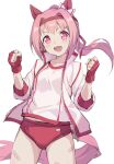  1girl animal_ears arms_up bandaid bandaid_on_leg bow buruma clenched_hands fingerless_gloves gloves gym_uniform hair_bow hair_intakes haru_urara_(umamusume) headband horse_ears horse_girl horse_tail jacket long_hair open_mouth pink_eyes pink_hair ponytail red_buruma red_gloves ribbon shirt simple_background smile solo symbol-shaped_pupils tail thighs umamusume white_background white_jacket white_shirt yoshimo_(yoshimo1516) 