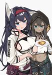  2girls animal_ears arknights baklava bandages bandaid bandaid_on_face bangs belt black_belt black_hair blaze_(arknights) blue_eyes blue_shorts breasts cat_ears collarbone crop_top crop_top_overhang cutoffs dark_skin dark-skinned_female flint_(arknights) food grey_background hairband highres holding holding_plate jacket large_breasts long_hair long_sleeves looking_at_viewer midriff multiple_girls navel open_mouth plate pouch poyason red_hairband short_hair shorts sidelocks simple_background smile sparkle tank_top white_jacket white_tank_top wrist_wrap 