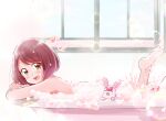  1girl :d bangs barefoot bathing bathtub brown_hair bubble cropped_arms eyebrows_visible_through_hair from_side green_eyes hanadera_nodoka healin&#039;_good_precure legs_up looking_at_viewer medium_hair mitumi_mira musical_note nude open_mouth precure rabirin_(precure) smile solo swept_bangs 