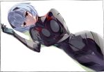  1girl ayanami_rei bangs black_bodysuit black_gloves bodysuit breasts commentary_request dutch_angle expressionless eyebrows_visible_through_hair gloves kei_(soundcross) looking_at_viewer lying medium_breasts neon_genesis_evangelion number on_side parted_lips plugsuit red_eyes short_hair silver_hair simple_background skin_tight solo thigh_gap white_background 
