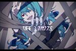  1girl aqua_hair bangs black_skirt blue_hair blue_nails eiku eyebrows_visible_through_hair eyes_visible_through_hair grey_legwear grey_skirt hair_between_eyes hair_over_one_eye hatsune_miku letterboxed long_hair looking_at_viewer nail_polish open_mouth outstretched_hand pleated_skirt red_eyes shirt skirt sleeveless sleeveless_shirt smile solo thigh-highs twintails very_long_hair vocaloid 