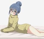  1girl aikawa_ryou bangs bed_sheet bespectacled black-framed_eyewear blue_hair blush brown_sweater commentary_request eyebrows_visible_through_hair feet_out_of_frame glasses grey_background hair_between_eyes hair_bun highres long_sleeves looking_at_viewer parted_lips shima_rin sleeves_past_fingers sleeves_past_wrists solo sweater turtleneck turtleneck_sweater violet_eyes yurucamp 