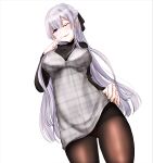 1girl absurdres ak-12_(girls_frontline) black_legwear black_ribbon black_shirt blush braid breasts closed_mouth dress eyebrows_visible_through_hair finger_to_mouth french_braid from_below girls_frontline grey_dress hair_ribbon hand_on_hip highres large_breasts lifted_by_self lips long_hair looking_at_viewer one_eye_closed panties panties_under_pantyhose pantyhose peroronti red_panties ribbon shirt silver_hair solo standing underwear violet_eyes white_background 