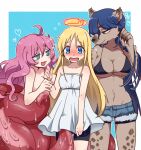  1other 2girls @_@ blue_eyes broken_halo brown_eyes commentary_request crimvael denim denim_shorts elza_(ishuzoku_reviewers) furry halo hyena hyena_ears hyena_girl ishuzoku_reviewers monster_girl multiple_girls okpa pbum short_eyebrows shorts spotted_fur suction_cups tentacles torn_clothes torn_shorts 