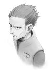  1boy closed_mouth commentary cyrus_(pokemon) frown greyscale hair_slicked_back highres kazuko_(towa) male_focus monochrome pokemon pokemon_(game) pokemon_dppt shirt short_hair simple_background solo spiky_hair team_galactic upper_body vest white_background 