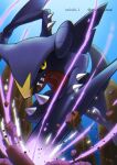  artist_name black_sclera colored_sclera commentary_request dragon_claw enishi_(menkura-rin10) from_below garchomp gen_4_pokemon highres looking_at_viewer no_humans open_mouth pokemon pokemon_(creature) rock sharp_teeth solo teeth yellow_eyes 