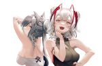  2girls :d absurdres akatone animal_ears antennae arknights arms_up bangs bare_back bare_shoulders black_choker cat_ears choker commentary_request double_bun grey_eyes hand_up head_tilt highres horns index_finger_raised long_hair multiple_girls nail_polish open_mouth red_nails schwarz_(arknights) short_hair silver_hair simple_background sleeveless smile strapless tied_hair upper_body w_(arknights) white_background yellow_eyes 