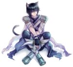 1boy animal_ears armor armored_boots assassin_(ragnarok_online) bandages bangs black_gloves black_hair boots cape cat_ears cat_tail closed_mouth commentary_request dagger fingerless_gloves full_body gloves hair_between_eyes holding holding_dagger holding_weapon looking_to_the_side male_focus pants pauldrons purple_cape purple_pants purple_shirt ragnarok_online retgra shirt short_hair shoulder_armor simple_background sitting sleeveless sleeveless_shirt solo tail torn_cape torn_clothes waist_cape weapon white_background 