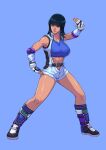  absurdres belt black_hair blue_background breasts cirenk cosplay highres kazama_asuka looking_away nico_robin one_piece pose smile tan tekken thick_thighs thighs zipper 