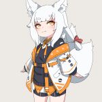  1girl animal_ear_fluff animal_ears bangs bike_shorts black_hoodie black_shorts blush brown_eyes closed_mouth collared_shirt commentary_request eyebrows_visible_through_hair fox_ears fox_girl fox_tail grey_background highres hood hood_down hoodie jacket kuro_kosyou long_hair long_sleeves off_shoulder open_clothes open_jacket orange_skirt original puffy_long_sleeves puffy_sleeves shiro_(kuro_kosyou) shirt short_eyebrows short_shorts shorts simple_background skirt sleeves_past_wrists smile solo standing tail thick_eyebrows white_hair white_jacket yellow_eyes 