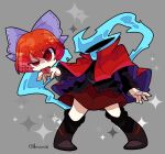  1girl :p black_footwear black_shirt bow cape disembodied_head full_body grey_background harunori_(hrnrx) high_collar highres long_sleeves looking_at_viewer purple_bow red_cape red_eyes red_skirt redhead sekibanki shirt short_hair skirt solo sparkle tongue tongue_out touhou twitter_username 