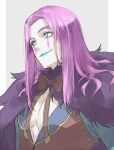  1boy :3 alternate_hairstyle blue_eyes blue_lips cape center_opening colored_skin fate/grand_order fate_(series) forehead fur-trimmed_cape fur_collar fur_trim hat hat_removed headwear_removed long_hair looking_to_the_side makeup male_cleavage male_focus mephistopheles_(fate) mocollie multicolored multicolored_eyes pale_skin purple_hair red_neckwear solo thick_eyebrows toned toned_male unzipped violet_eyes white_skin 