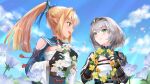  2girls :d black_gloves blue_sky blush breasts elf eye_contact field fingerless_gloves flower flower_field gauntlets gloves highres holding_wreath hololive konasu_(user_fjne8873) large_breasts looking_at_another multiple_girls open_mouth pointy_ears shiranui_flare shirogane_noel sky smile upper_teeth violet_eyes virtual_youtuber wreath yuri 