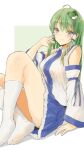  1girl ahoge bangs bare_shoulders blue_skirt blush breasts detached_sleeves eyebrows_visible_through_hair frog_hair_ornament green_eyes green_hair hair_ornament hair_tubes hand_up highres holding holding_hair kneehighs knees_up kochiya_sanae large_breasts long_hair looking_at_viewer no_shoes panties pantyshot pleated_skirt shirt sitting skirt smile snake_hair_ornament solo thighs touhou underwear white_background white_legwear white_shirt white_sleeves wide_sleeves yamabukiiro_(browncat) 